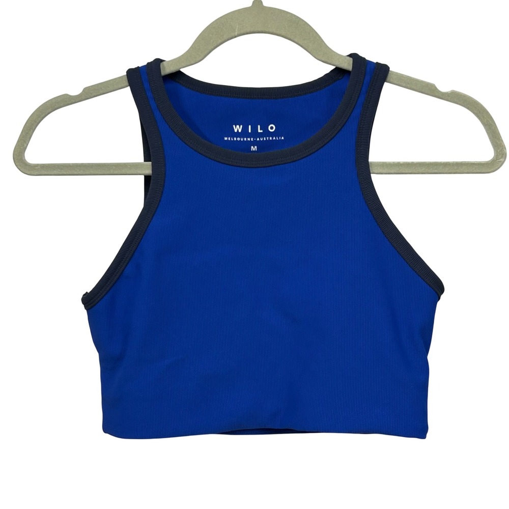 Wilo The Label Womens Blue Ribbed High Neck Crop Top Sporty Tank M longline